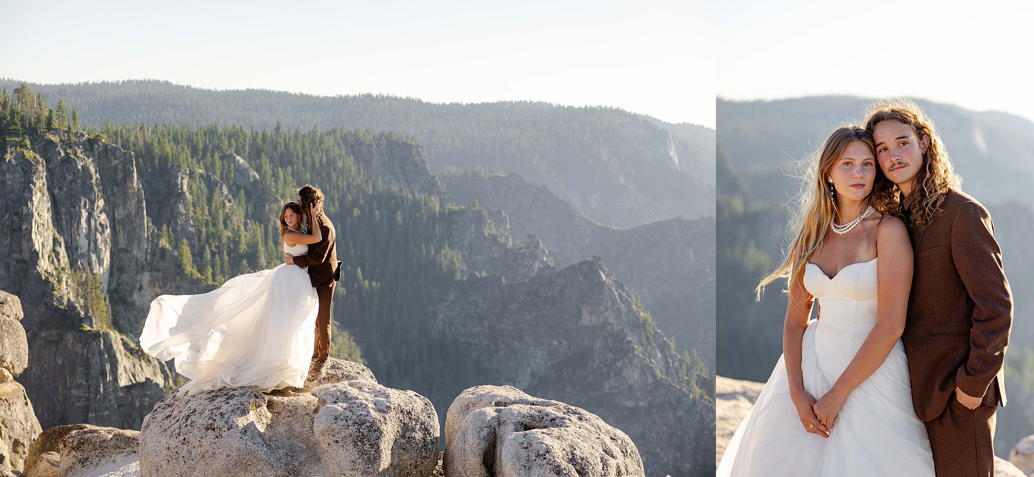 A Bride and Groom stands on the edge of Taft Point in Yosemite National Park, bathed in golden sunset light above a dramatic canyon.