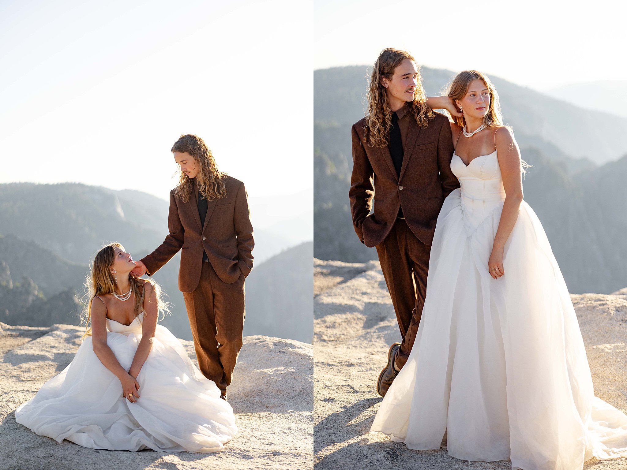 A Bride and Groom stands on the edge of Taft Point in Yosemite National Park, bathed in golden sunset light above a dramatic canyon.