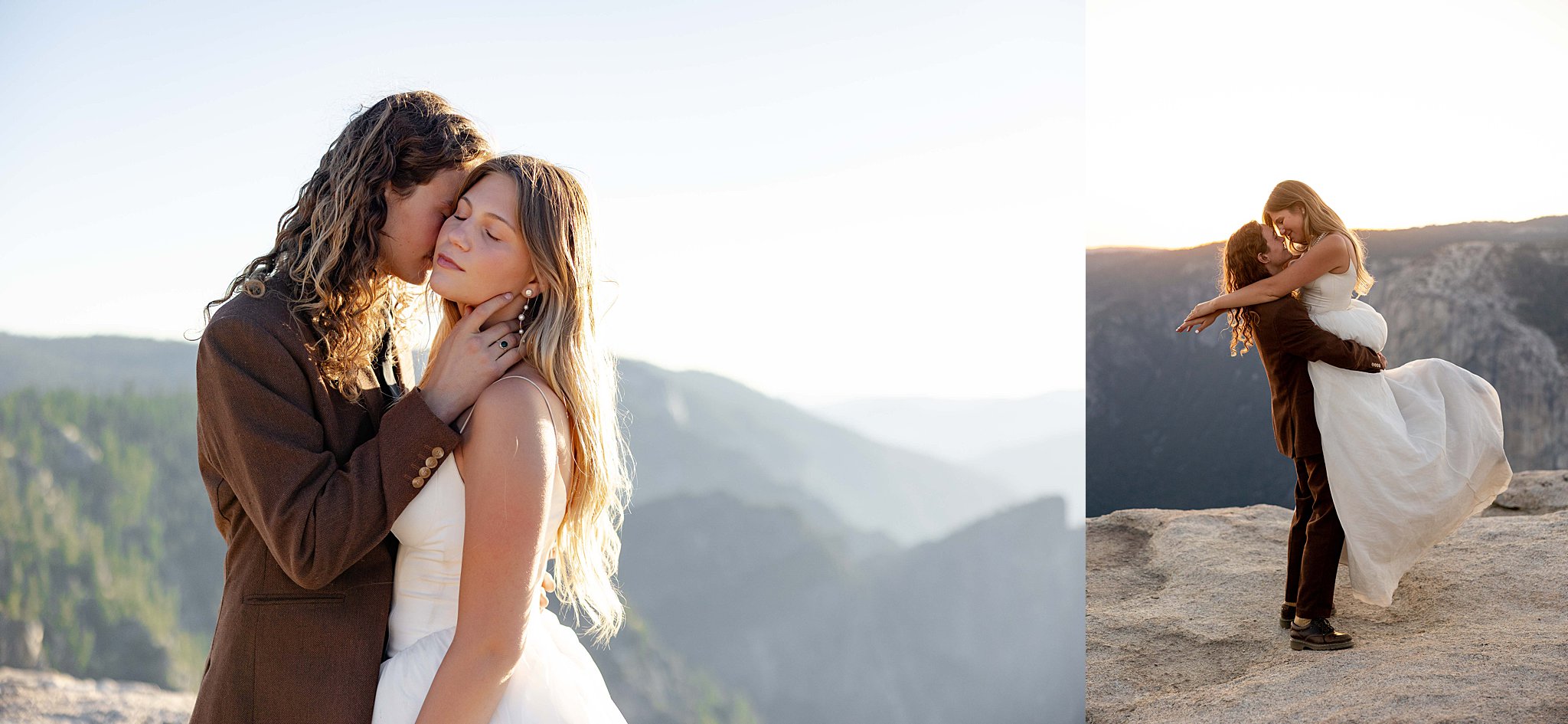 A Bride and Groom stands on the edge of Taft Point in Yosemite National Park, bathed in golden sunset light above a dramatic canyon.